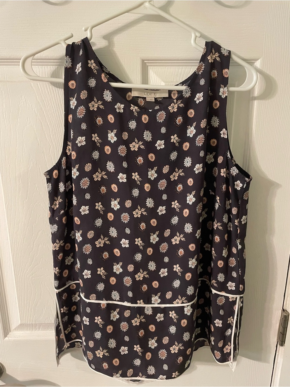 LOFT Navy Floral Sleeveless Blouse with Cream & Rust Accents